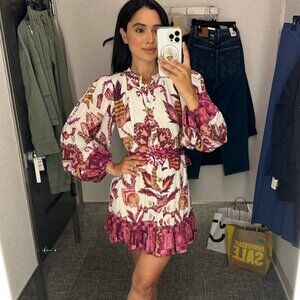 Farm Rio Sunset Tapestry Long Sleeve Belted Shirtdress in Sunset